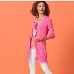 Talbots Textured Fringe Cardigan in Pink Size Small